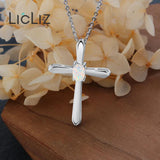 925 Silver Cross Opal Pendant Necklace Long Link Chain Jewelry Gift