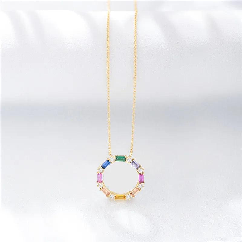 925 Silver Rainbow Hollow Round Gemstone Pendant Necklace