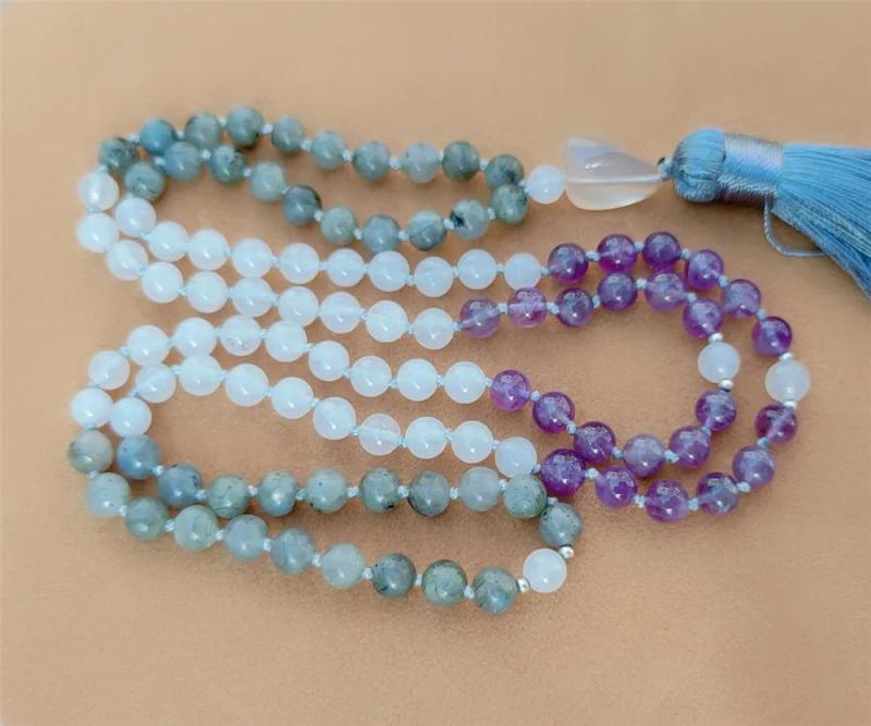 6mm Amethyst Moonstone 108 Beads Tassel Necklace Chakra Bracelet