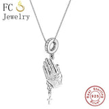 925 Silver Pray Hands Cross Pendant Necklace For Women