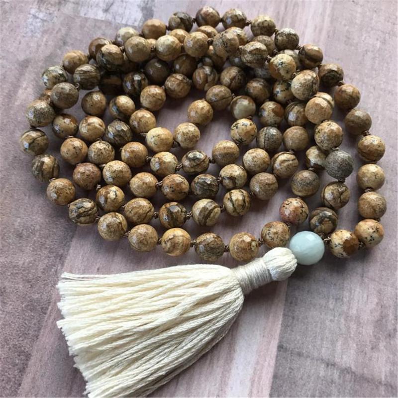 8mm Natural Picture Stone 108 Beads Tassel Necklace Lucky Bless Reiki