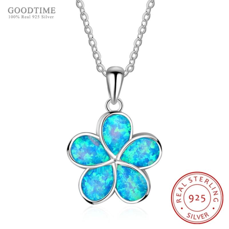 925 Silver Opal Flower Pendant Necklace Anniversary Gift