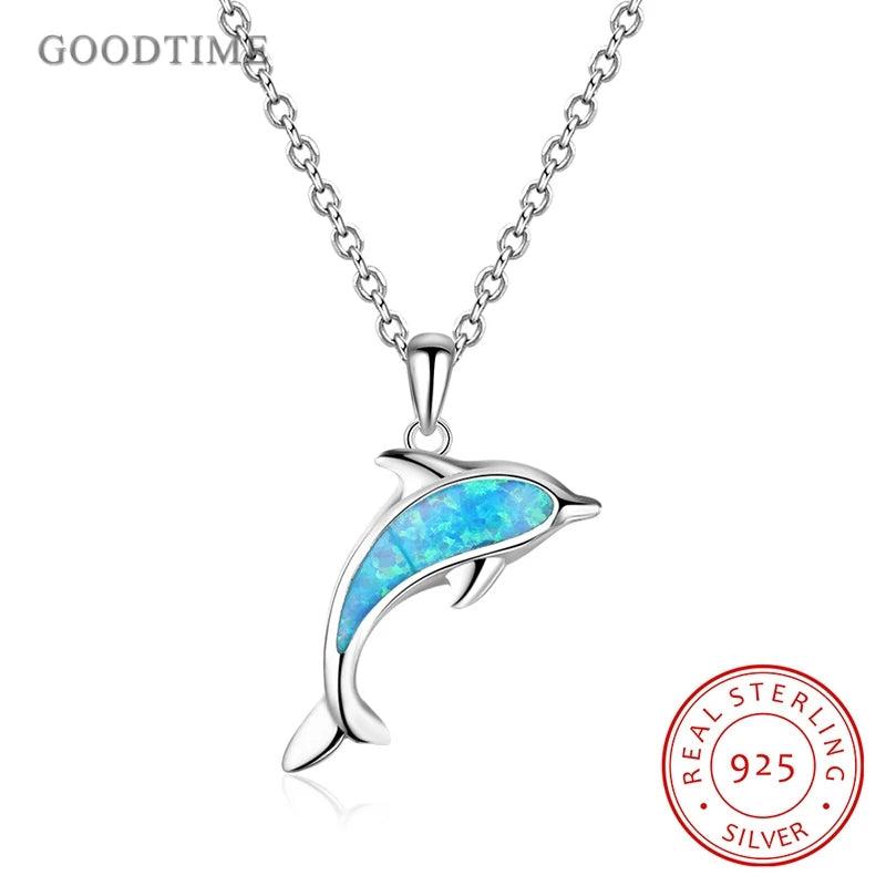 Opal Dolphin Pendant Necklace 925 Sterling Silver Jewelry Christmas Gift