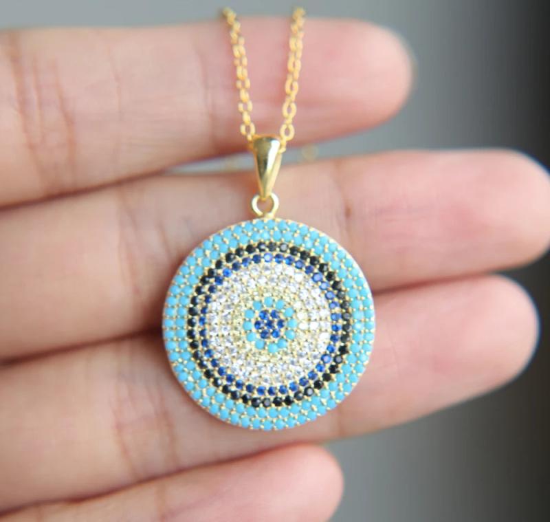 Micro Pave Round Pendant Cubic Zirconia Turquoise 925 Silver Necklace