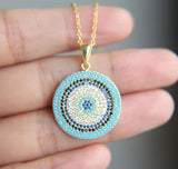 Micro Pave Round Pendant Cubic Zirconia Turquoise 925 Silver Necklace
