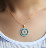 Micro Pave Round Pendant Cubic Zirconia Turquoise 925 Silver Necklace