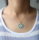 Micro Pave Round Pendant Cubic Zirconia Turquoise 925 Silver Necklace