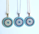Micro Pave Round Pendant Cubic Zirconia Turquoise 925 Silver Necklace