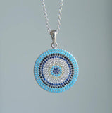Micro Pave Round Pendant Cubic Zirconia Turquoise 925 Silver Necklace