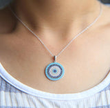 Micro Pave Round Pendant Cubic Zirconia Turquoise 925 Silver Necklace
