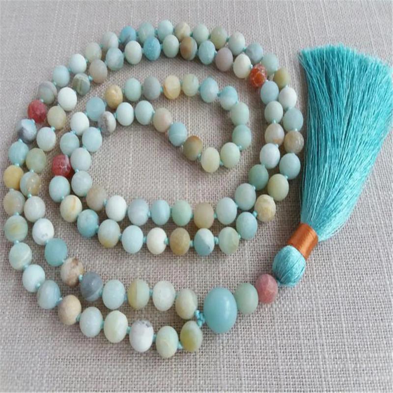 Natural Amazonite 108 Beads Tassel Necklace Healing Yoga Spirituality