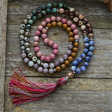 Rhodochrosite Gemstone 108 Beads Tassels Necklace Reiki Healing