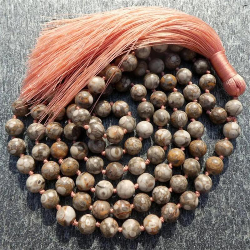 8mm Natural Veins Stone 108 Beads Tassel Necklace Japa Meditation