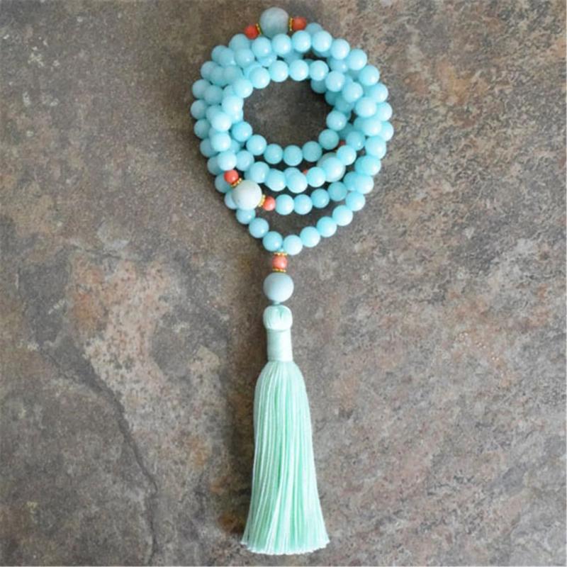 8mm Amazonite 108 Beads Tassel Necklace Spiritual Meditation
