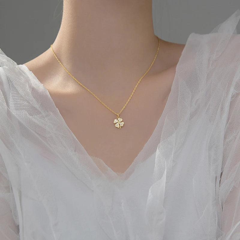 925 Silver Love Clover Necklace Rhinestone Choker