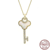 925 Silver Key Pendant Necklace Women Rhinestone Shell Jewelry