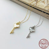 925 Silver Key Pendant Necklace Women Rhinestone Shell Jewelry