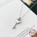 925 Silver Key Pendant Necklace Women Rhinestone Shell Jewelry