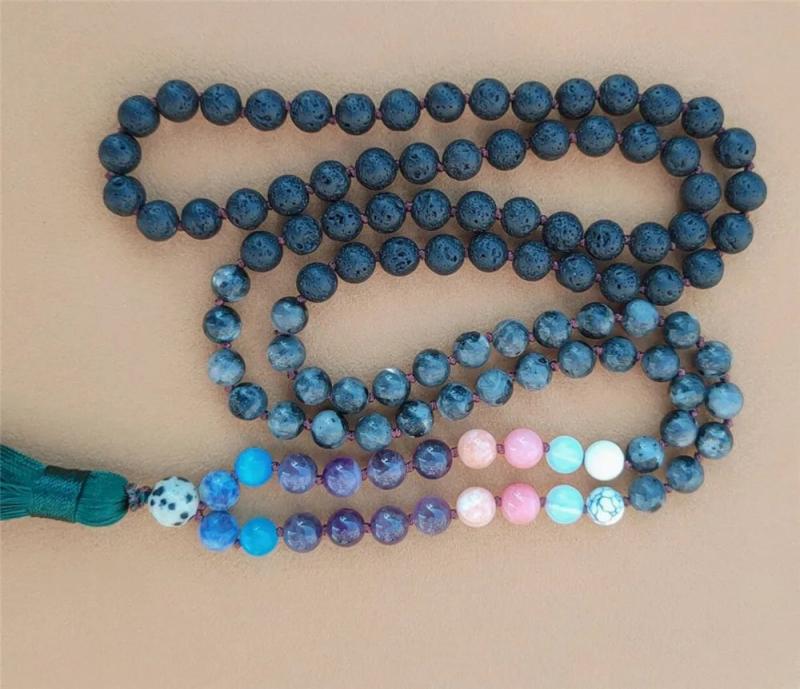 8mm Volcanic Stone 108 Beads Tassel Knotted Necklace Cuff Lucky Chakra Bracelet