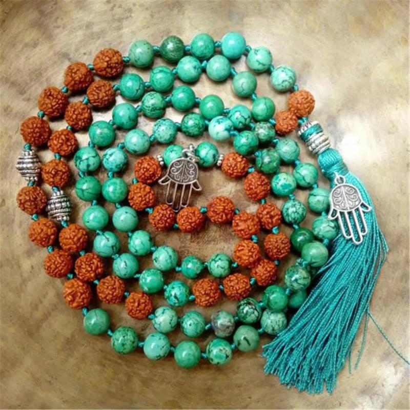 8mm Turquoise Rudraksha 108 Beads Tassel Necklace Yoga Classic Prayer