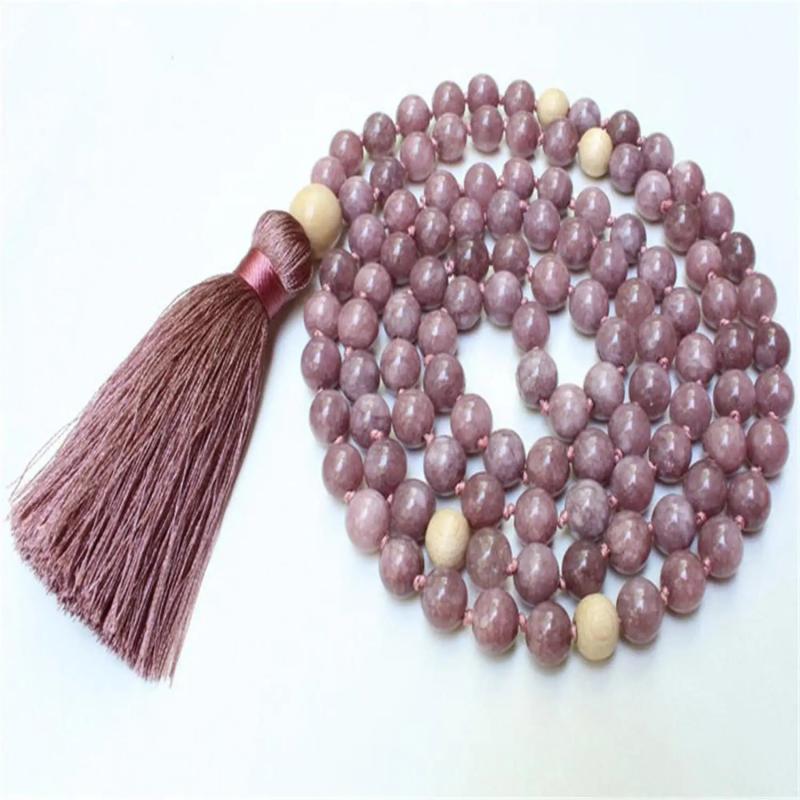 8mm Natural Lepidolite 108 Beads Tassel Necklace for Meditation