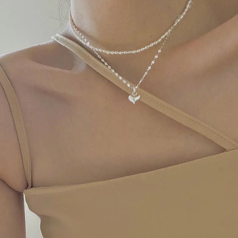 Double Pearl Love Necklace 925 Sterling Silver Clavicle Chain