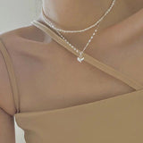 Double Pearl Love Necklace 925 Sterling Silver Clavicle Chain