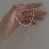 Double Pearl Love Necklace 925 Sterling Silver Clavicle Chain