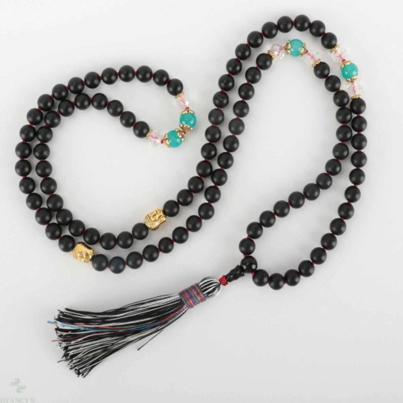 8mm 108 Knot Natural Scrub Agate Buddha Bracelet Relief Cuff Chain Tassel Bless
