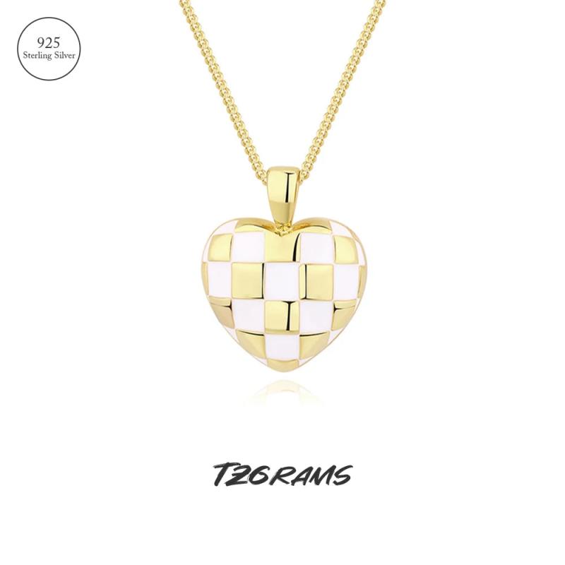 Heart Shape Checkerboard Silver Necklace for Women