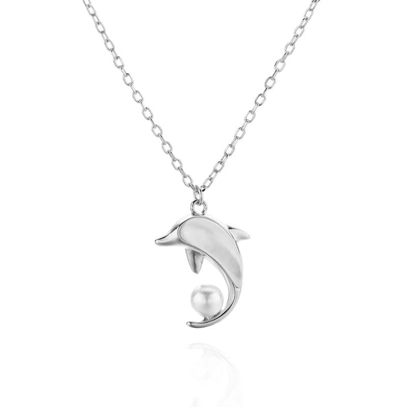 925 Silver Dolphin Shell Pearl Pendant Necklace for Women