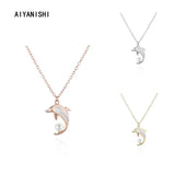 925 Silver Dolphin Shell Pearl Pendant Necklace for Women