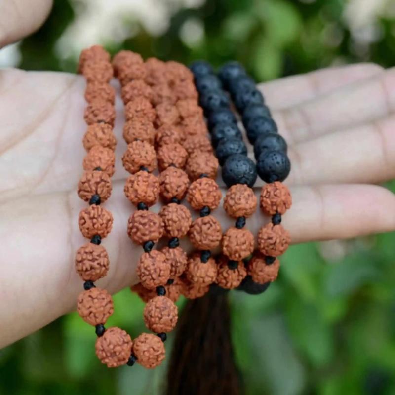 8mm Volcanic Rocks Sandalwood 108 Knot Necklace Chain Beaded