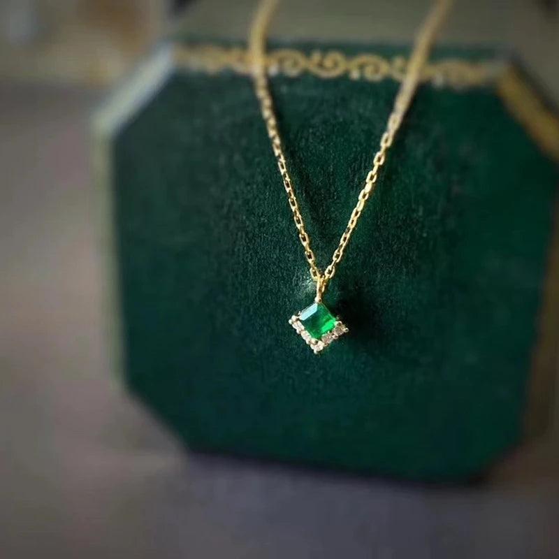 925 Silver Square Emerald Necklace Vintage Pendant for Women