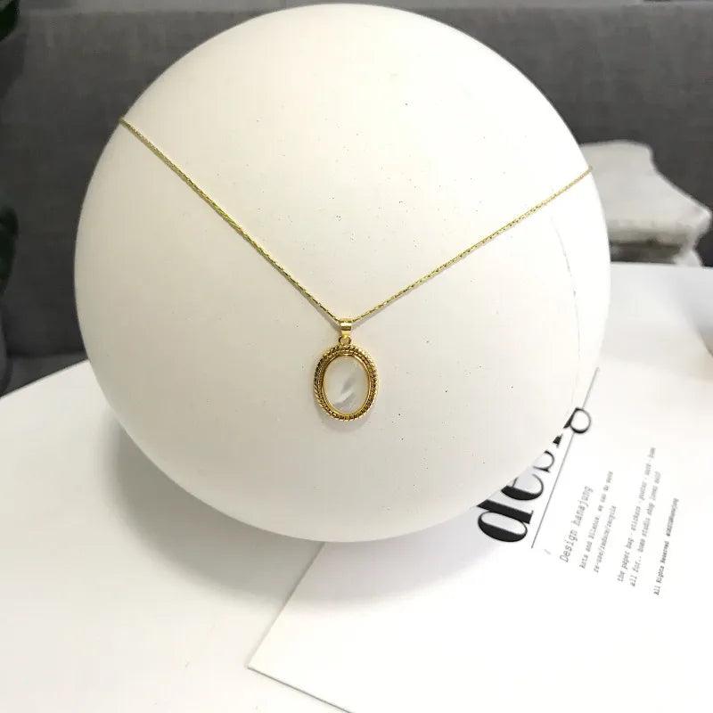 Sterling Silver Natural Shell Oval Pendant Necklace for Women