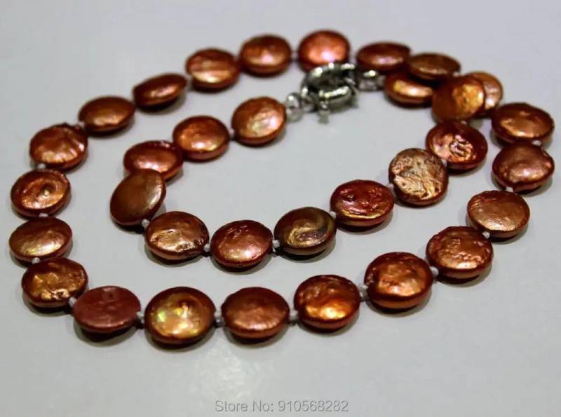 Orange Freshwater Pearl Necklace Coin Shape 12mm