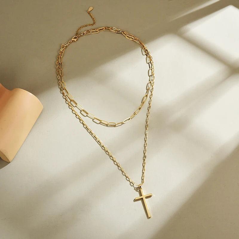 925 Silver Double Layer Choker with Long Cross Pendants Necklace