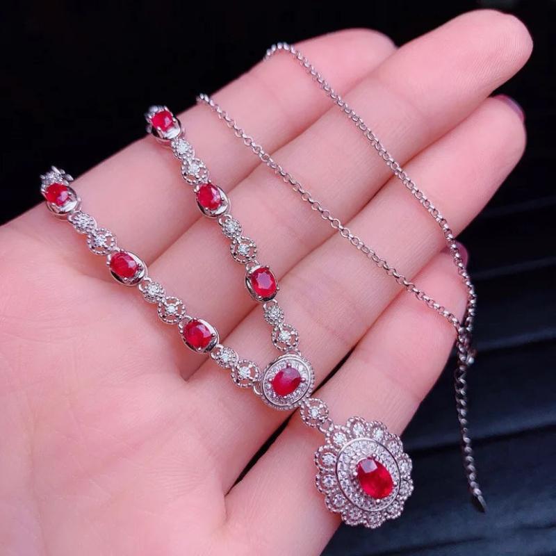 925 Silver Oval Ruby Necklace Women Fine Jewelry