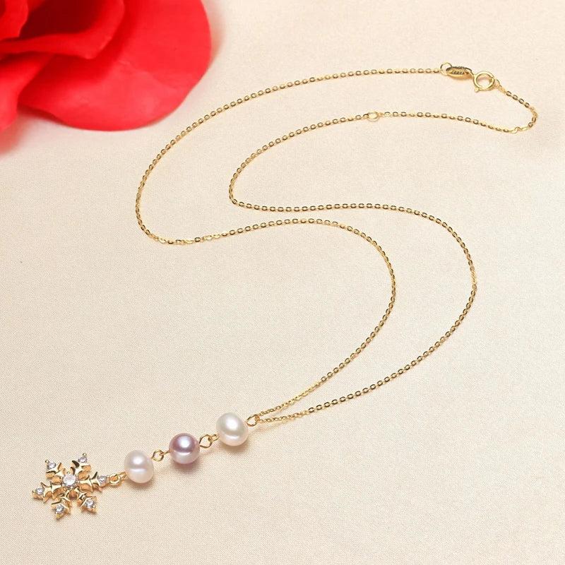 2PCS 14K Gold Snowflake Necklaces with 7MM Freshwater Pearls