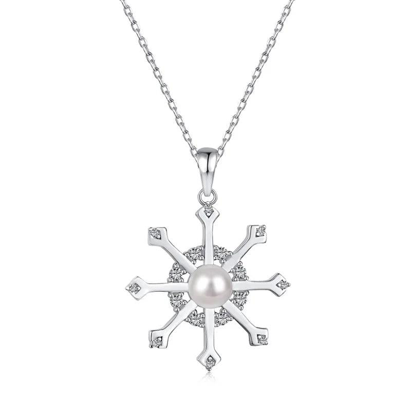 925 Sterling Silver Zircon Pearl Snowflake Necklace