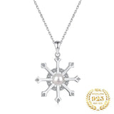 925 Sterling Silver Zircon Pearl Snowflake Necklace