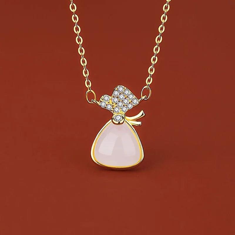S925 Silver Necklace with Natural Hotan Jade Purse Pendant