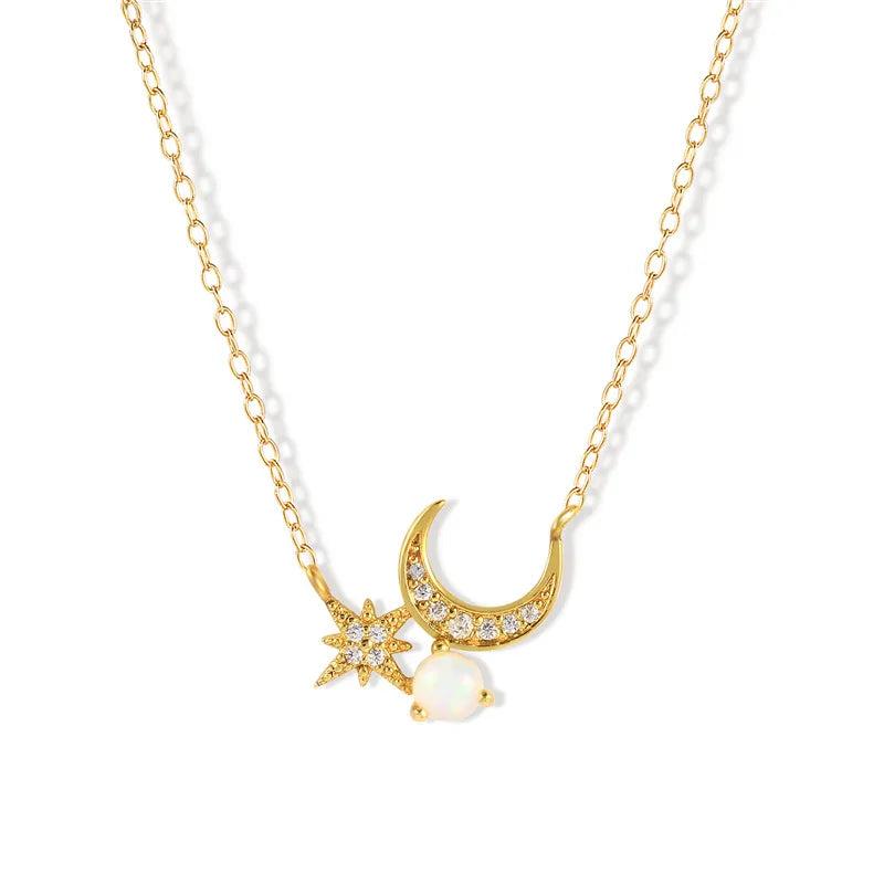 Opal Star Moon Pendant Necklace Sterling Silver Clavicle Accessory