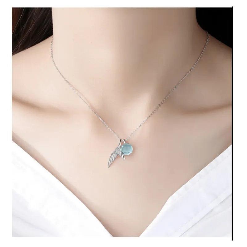 S925 Clavicle Necklace Sterling Silver Fish Tail Pendant Mermaid Tears Crystal