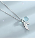 S925 Clavicle Necklace Sterling Silver Fish Tail Pendant Mermaid Tears Crystal