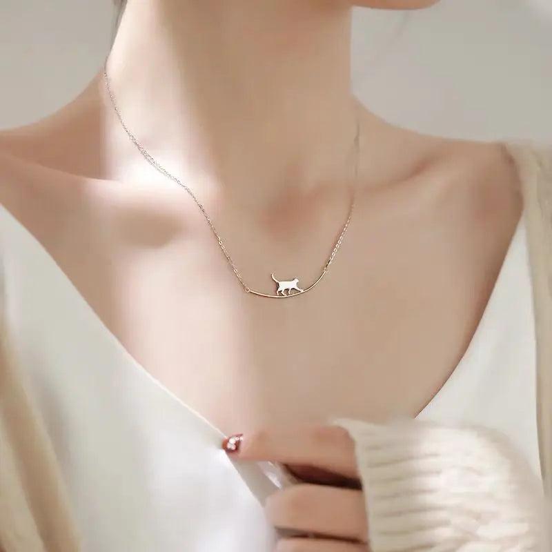 Cat Curved Necklace 925 Silver Student Clavicle Chain