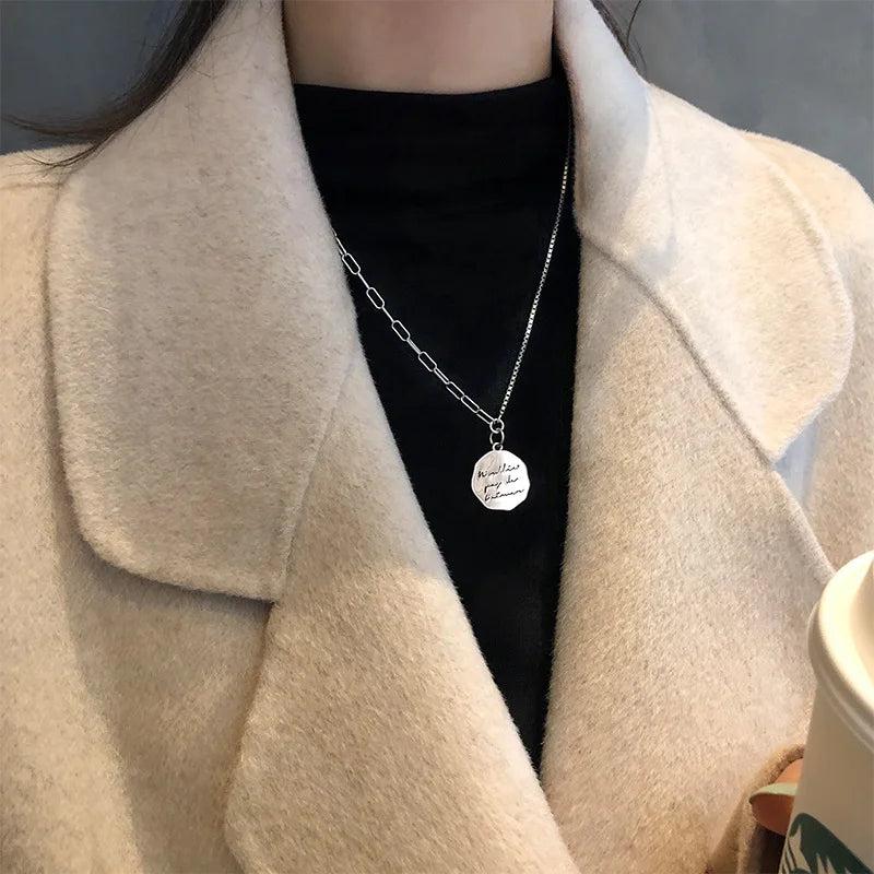 925 Silver Retro Letter Round Card Necklace