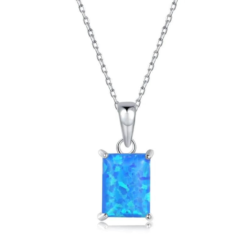 Real 925 Silver Opal AoBao Rectangle Necklace Women Party Wedding