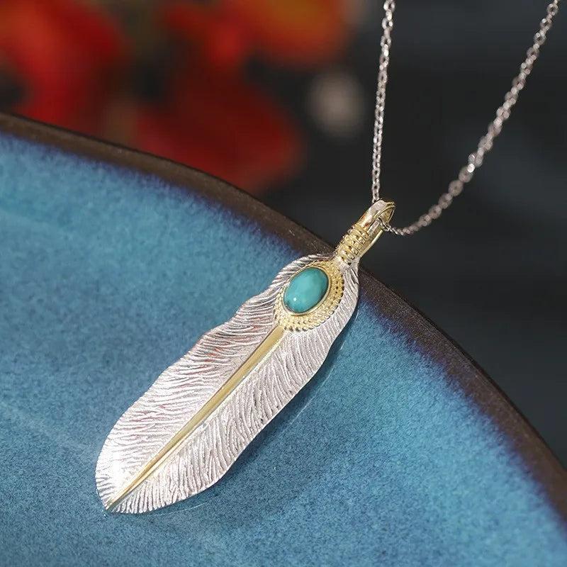 S925 Double Turquoise Feather Necklace Wedding Jewelry