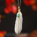 S925 Double Turquoise Feather Necklace Wedding Jewelry